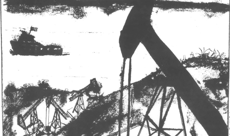 Black and white drawing of oil rig silhouette