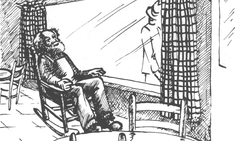 Black and white drawing of bearded elderly Black man sitting in a rocking chair by the window