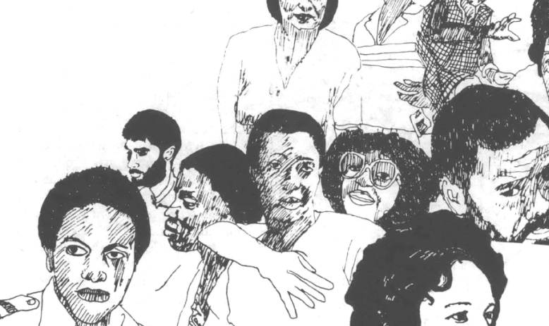 Black and white drawing of several peoples' faces