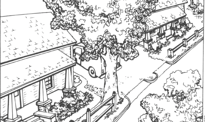 Black and white drawing of street with homes and trees lining street