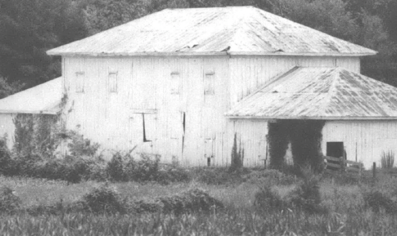 Black and white photo of large white building