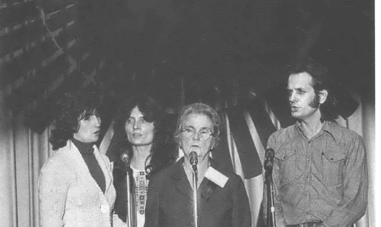 Hazel Dickens, Alice Gerard, Florence Reece, and Mike Seeger at a UMWA convention