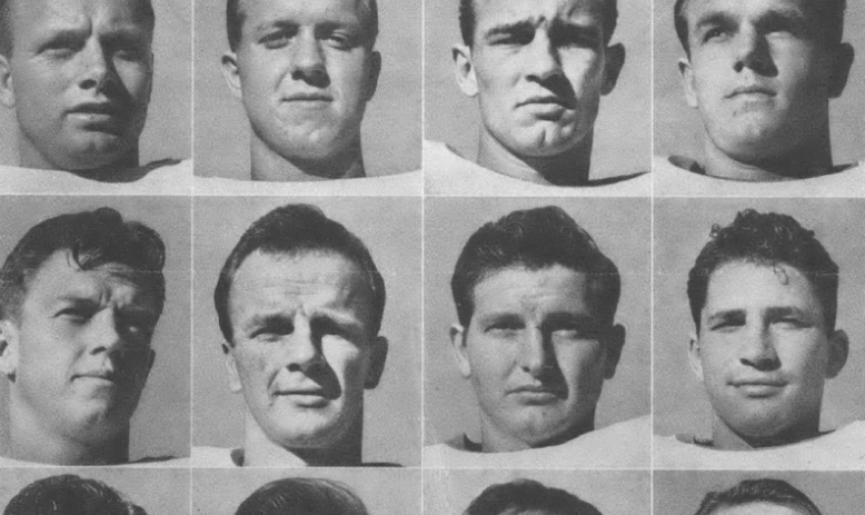 Black and white image of Life magazine cover that is a collage of several portraits of young men