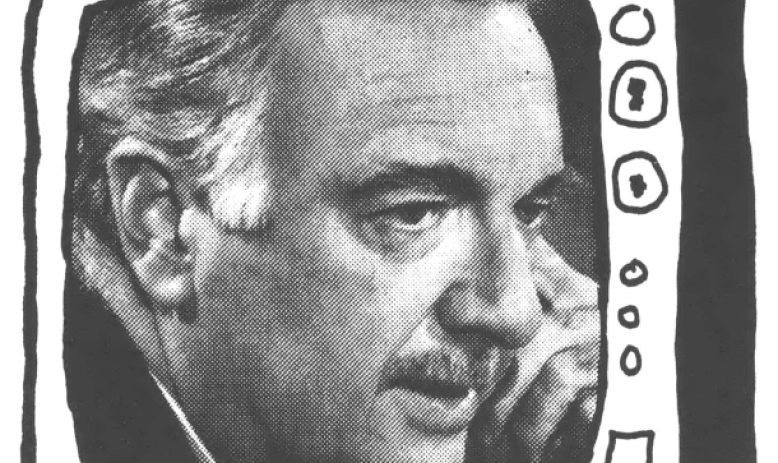 Photo of Walter Cronkite's face on a rough drawing of a TV