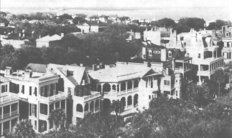 black and white aerial photograph of Charleston buildings