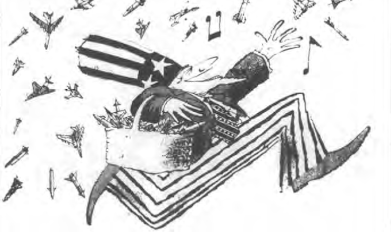 Uncle Sam happily cheerfully tossing mini missiles and fighter jets from a basket into the air