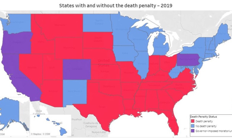 Map showing which states have the death penalty on the books as of 2019