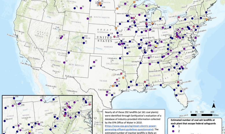 Earthjustice map showing locations of 292 unregulated coal ash landfills across the U.S.