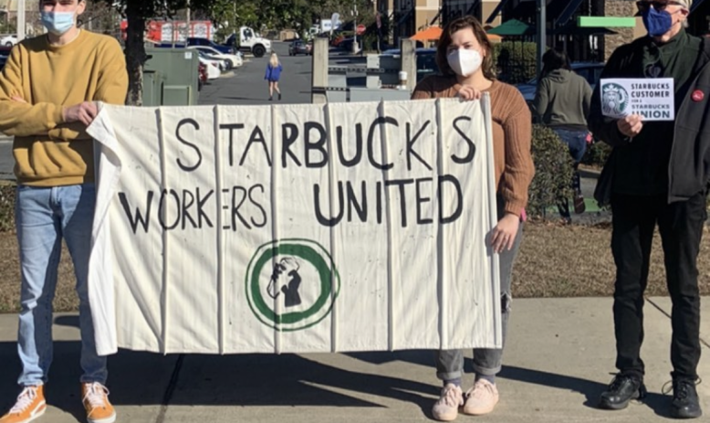 Starbucks workers at a protest in Tallahassee, Florida 