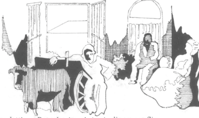 illustration of people and cattle