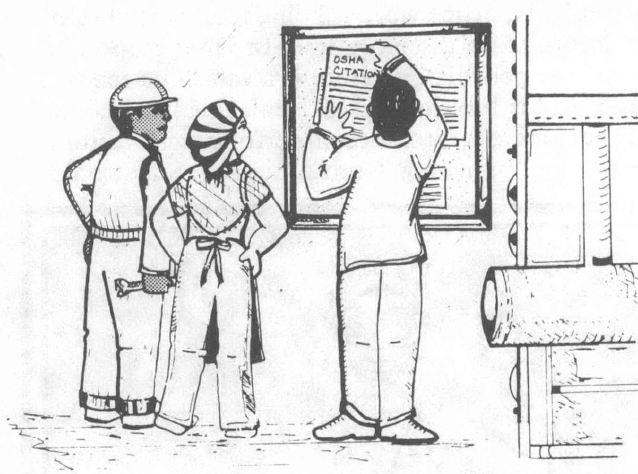 Black and white drawing of women hanging up document on corkboard in workplace