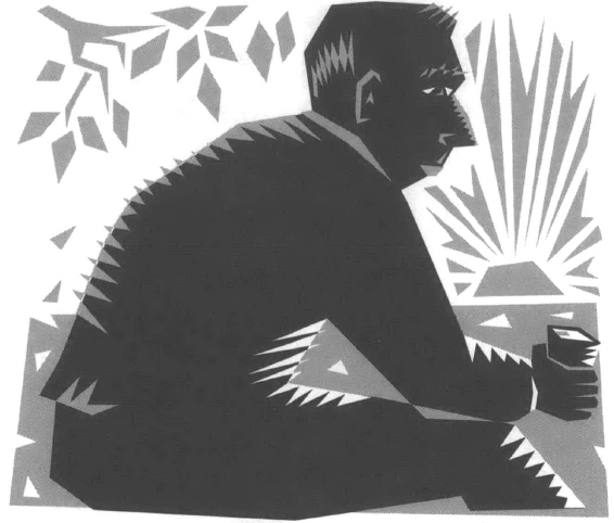 Black and white angular drawing of man seated outside on a lake with his back to the viewer