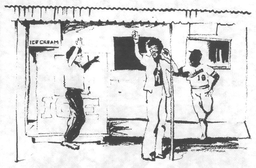 Black and white image of three people, one in baseball uniform, standing outside a store