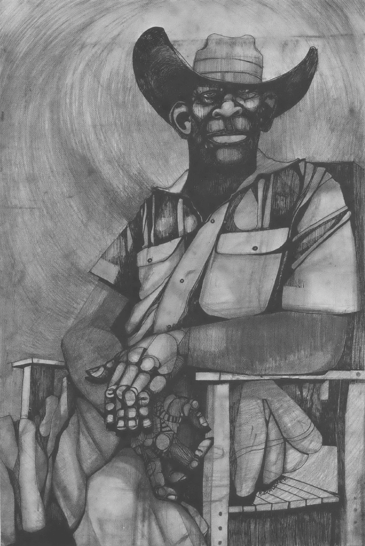 Black and white image of a Black man sitting in a chair, wearing a cowboy hat