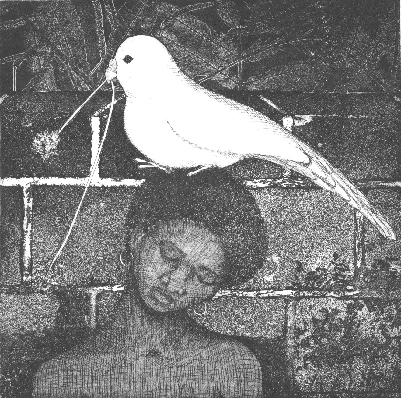 Drawing of a white dove with a flower in its mouth on the tilted head of a young Black woman with her eyes closed