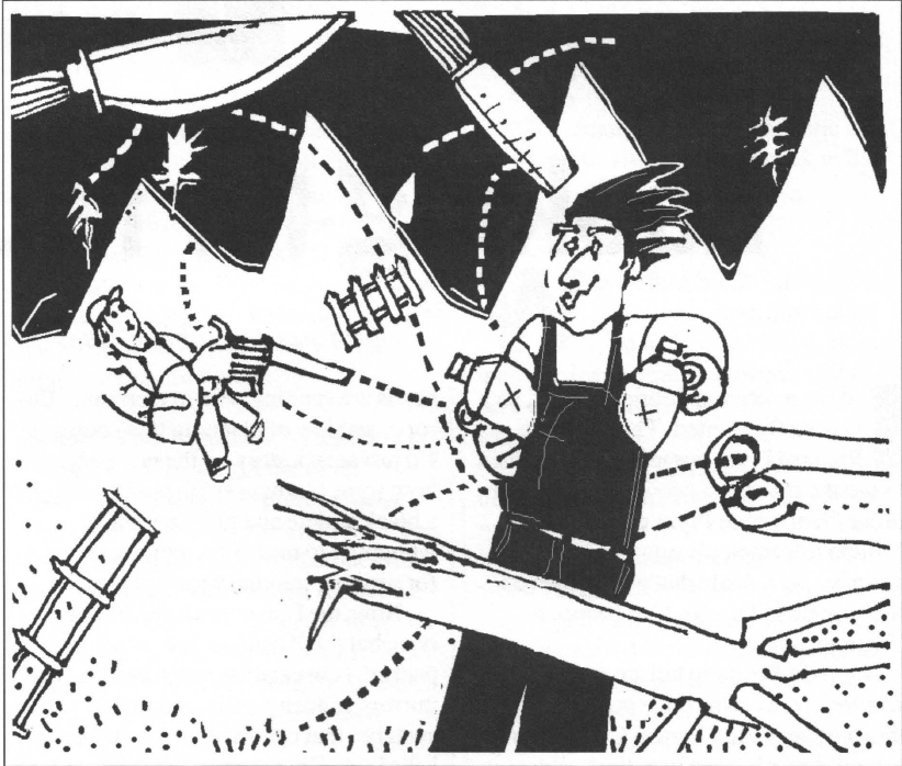 Sketch drawing of man in overalls witha chopped down tree