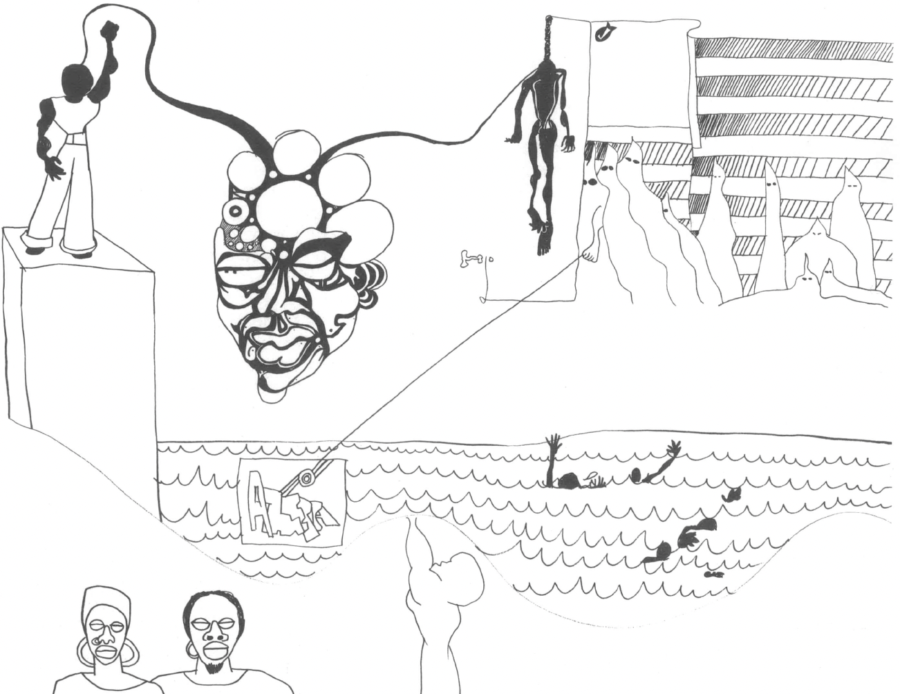 Line drawing of Black person's head, showing thoughts of a Black man with raised fist on one side and on the other hooded Klansmen, a lynching victim, and a US flag, all above Black bodies swimming in waves, and at the bottom a Black man and women