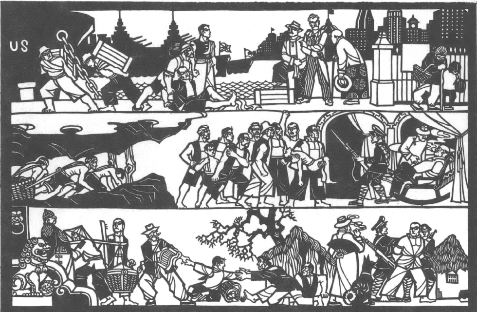 Three panels of drawings of US imperialistic violence against Chinese people