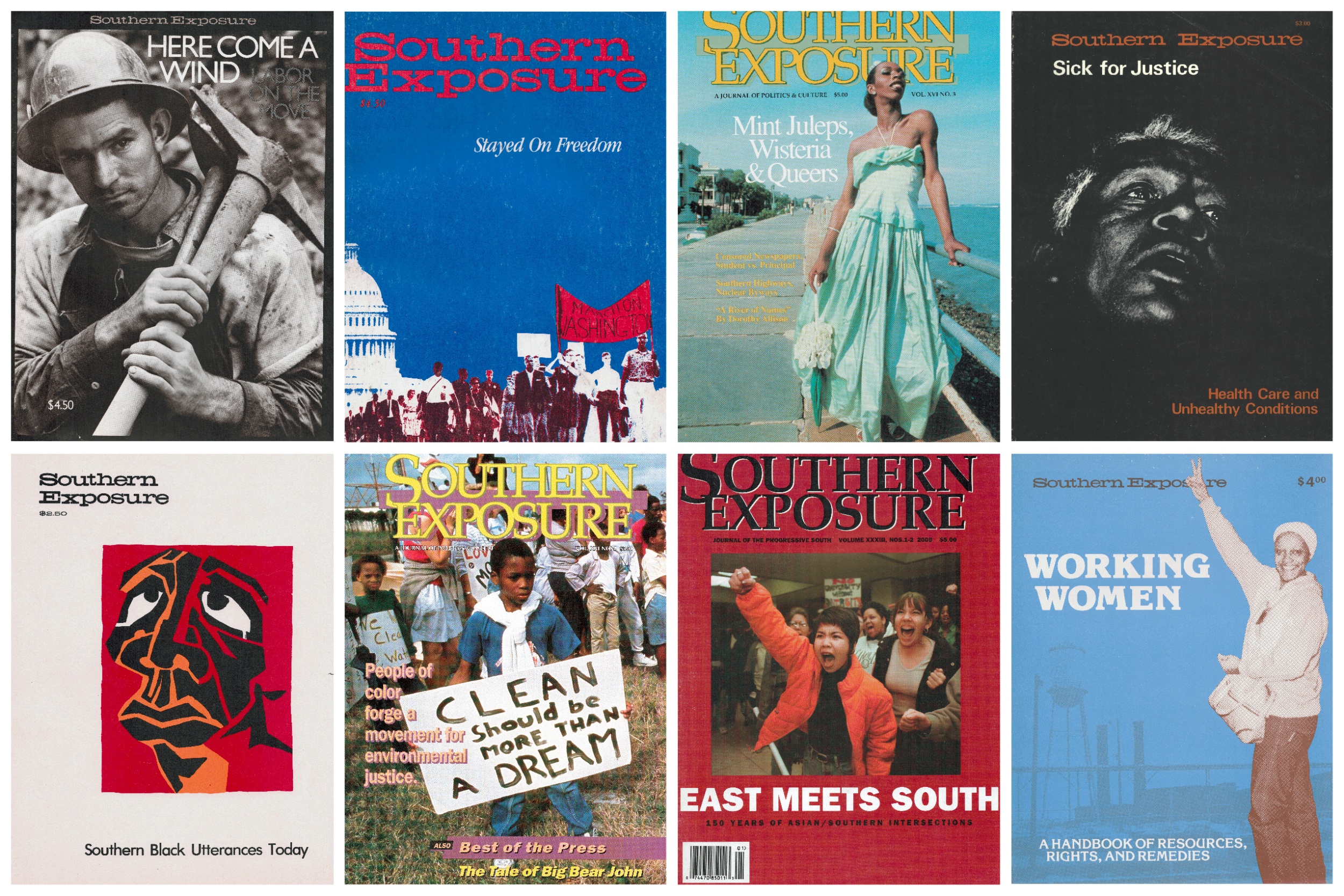 Collage of eight Southern Exposure covers featuring labor organizers, Black literature, struggles for environmental justice, and more