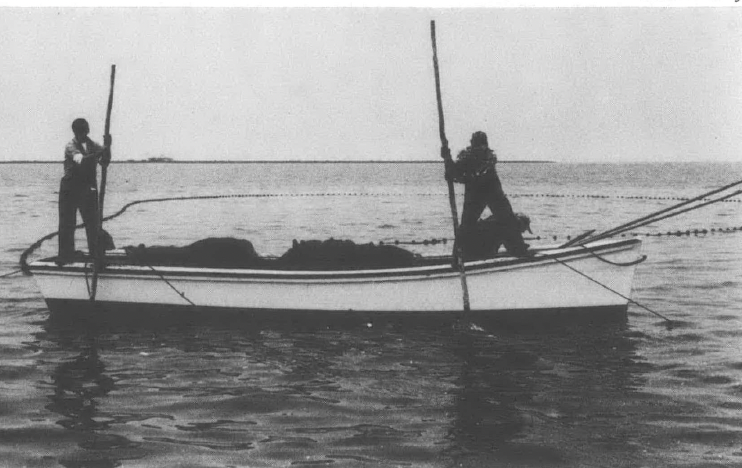 Black and white photo of two men on canoe-shaped boat