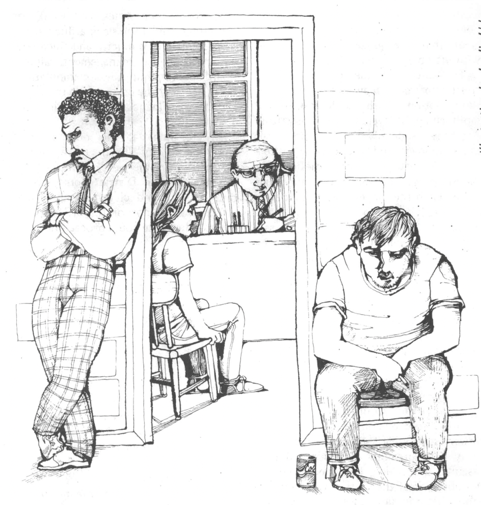 Black and white pen drawing of two men outside of an office while a woman sits in a meeting with a man behind a desk