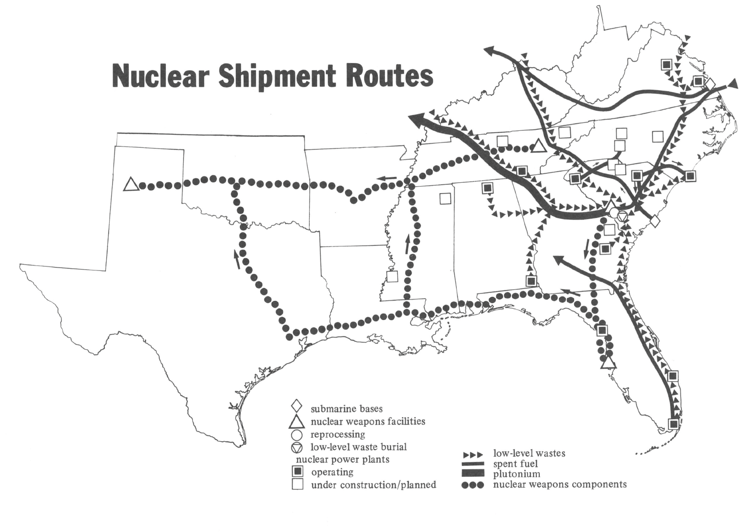 Map of Southern US labeled "Nuclear Shipment Routes"