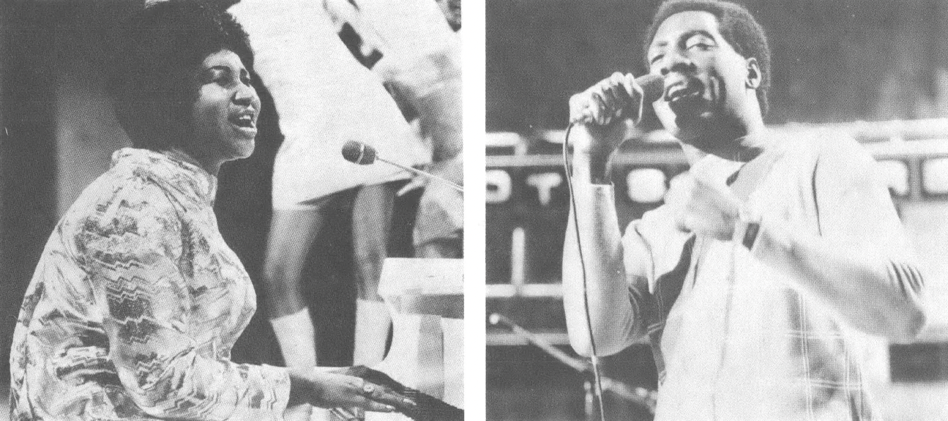 Black and white side by side photos of a Black woman singer on the left and a Black male singer on the right, both singing into microphones