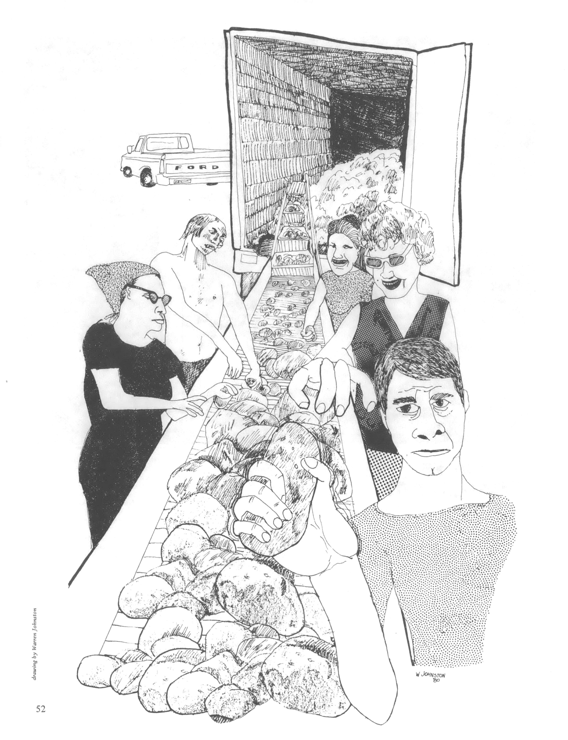 Black and white drawing of people surrounding a long table