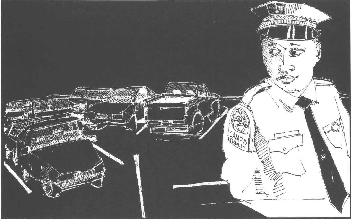 Black and white drawing of police officer looking sideways at several cop cars behind him