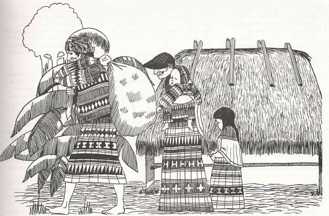 Black and white sketch of people pulling wagon 
