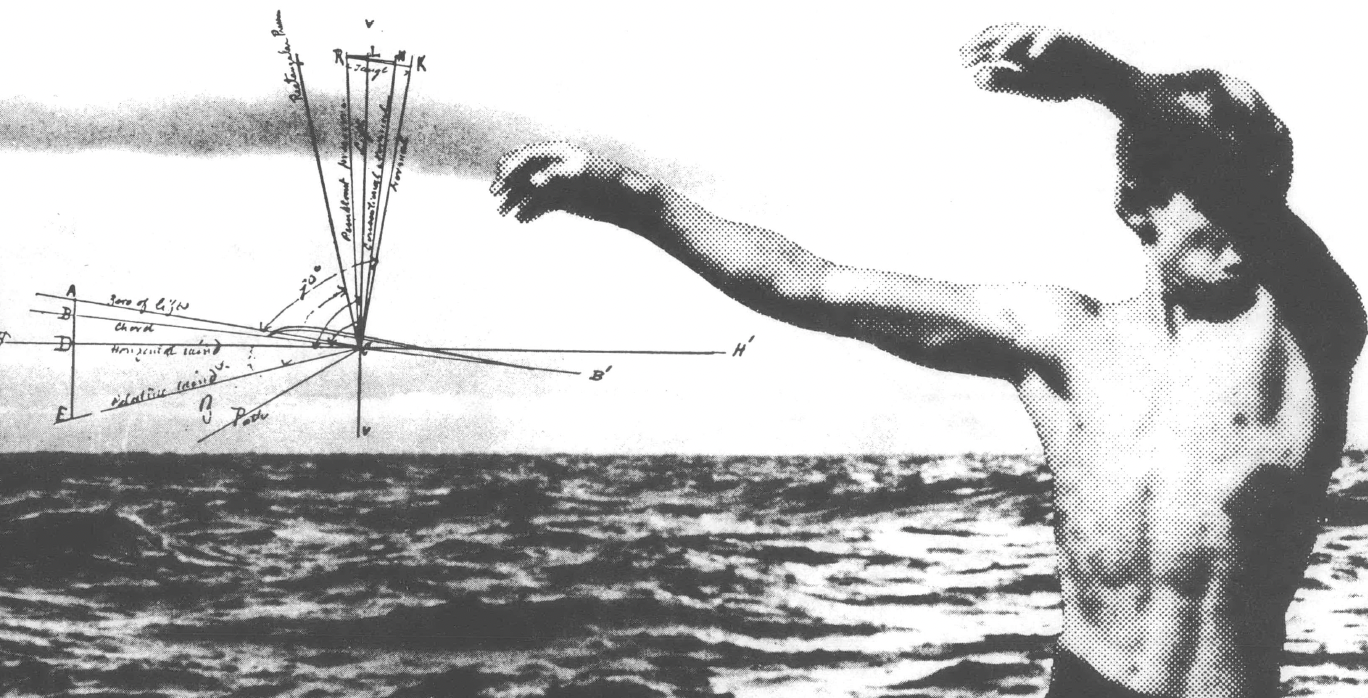 Black and white collage of shirtless man with arms outstretched over ocean