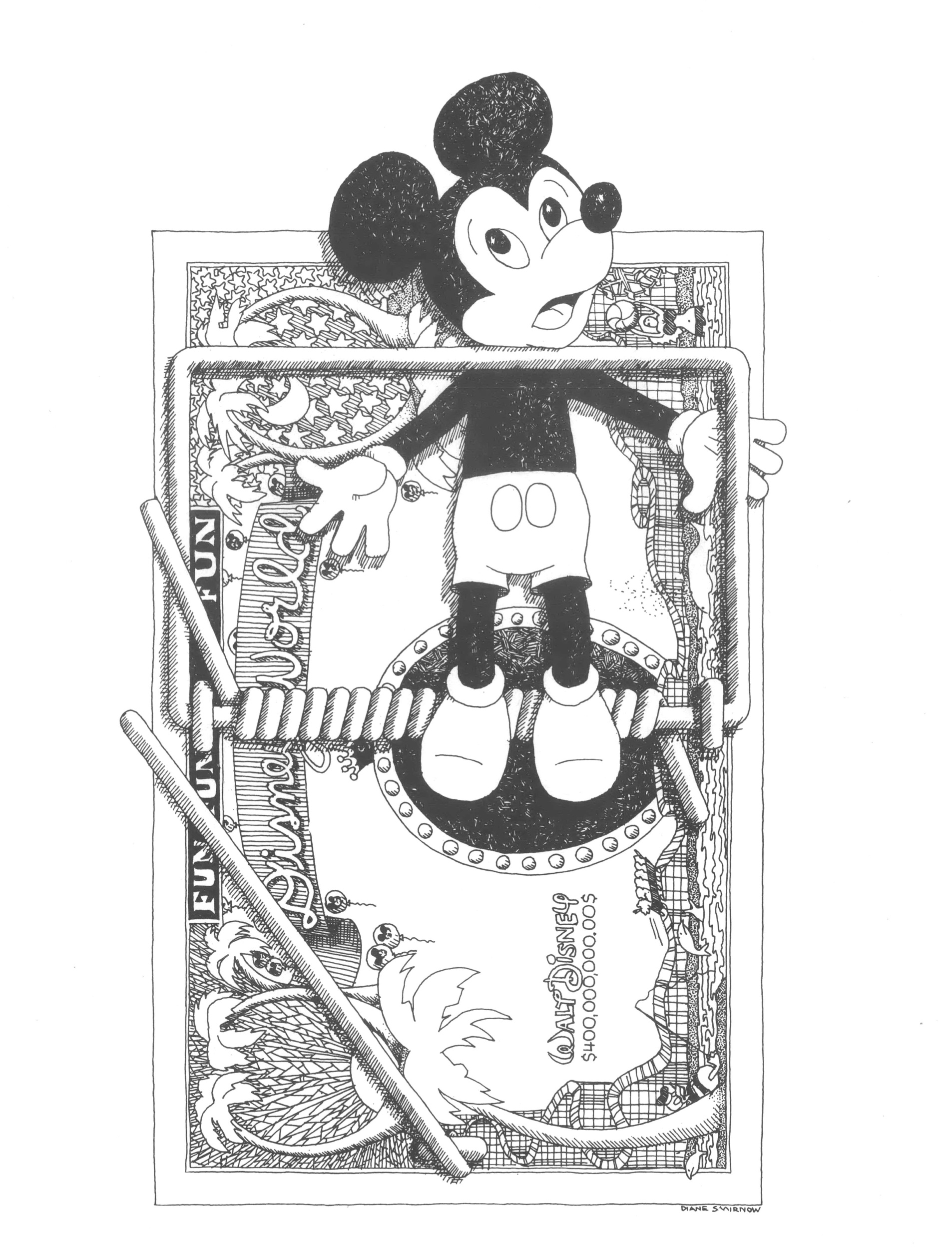 Cartoon of Mickey Mouse caught in a mousetrap