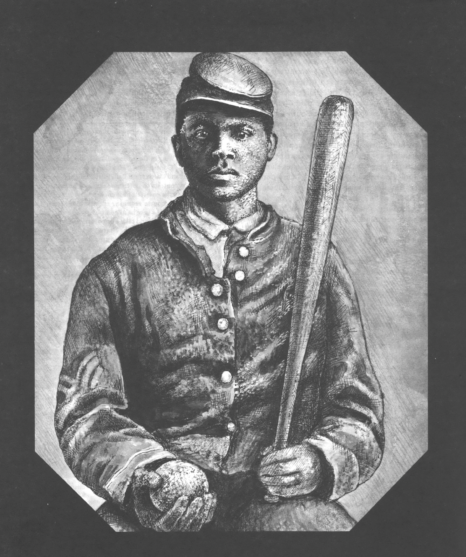 Black and white portrait drawing of Black man wearing uniform and cap, holding a baseball bat