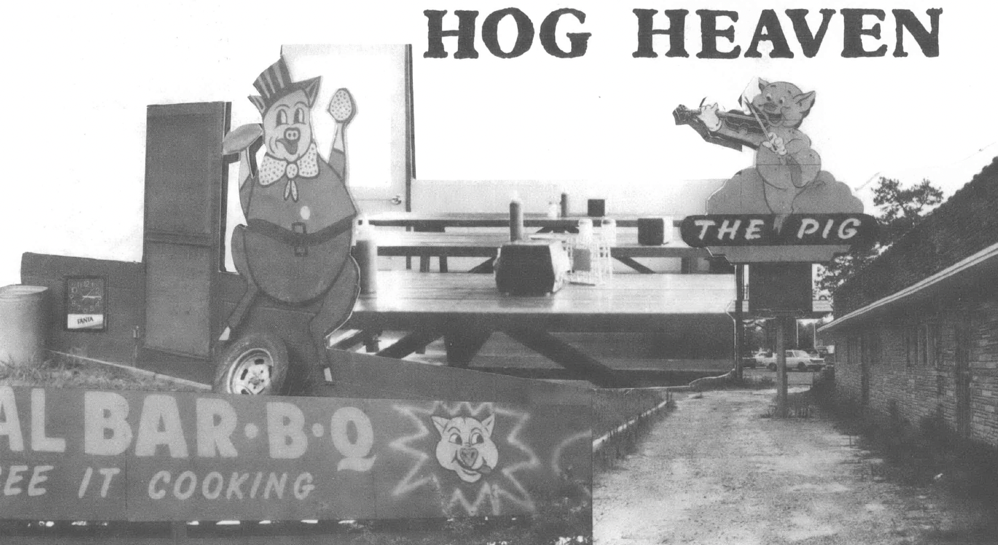 Black and white photo of outside of barbecue joint with pig mascot 