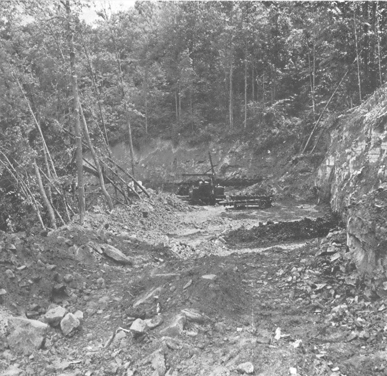 Black and white photo of hillside being excavated, with trees on their sides and forest surrounding