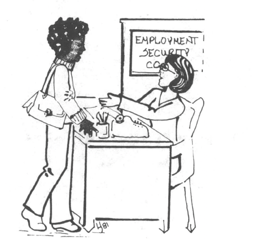 Black and white drawing of woman at desk in front of door reading "employment service center"