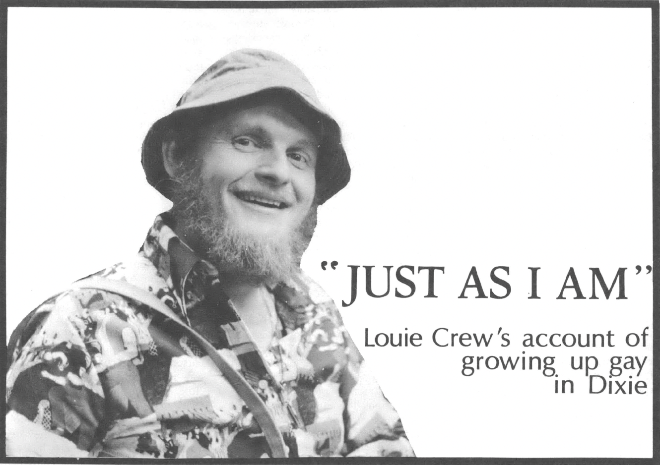 Black and white photo of young white man with beard wearing bucket hat and patterned shirt, smiling at the camera, with title text