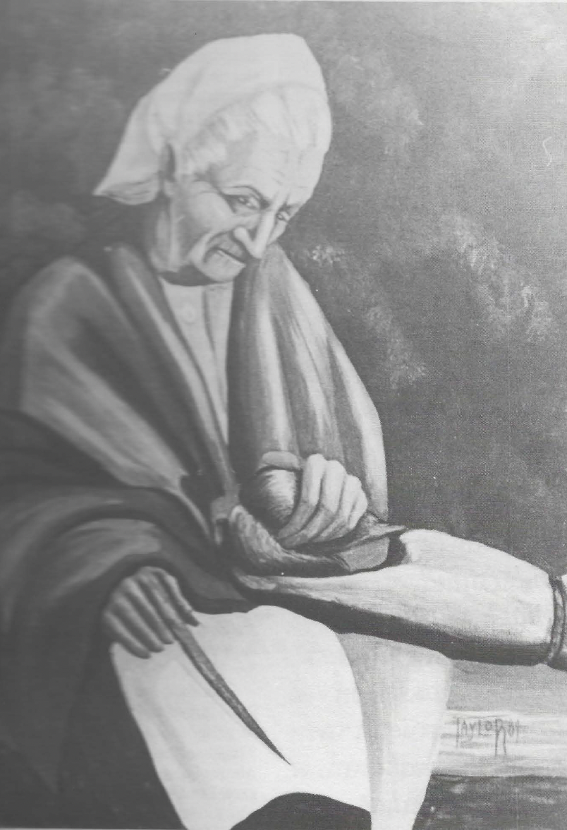 Painting of old woman with head covering seated, looking down