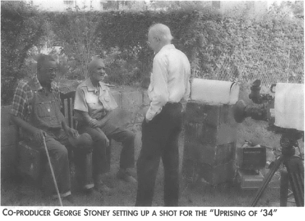 Co-producer George Stoney setting up a shot for the "Uprising of '34" 