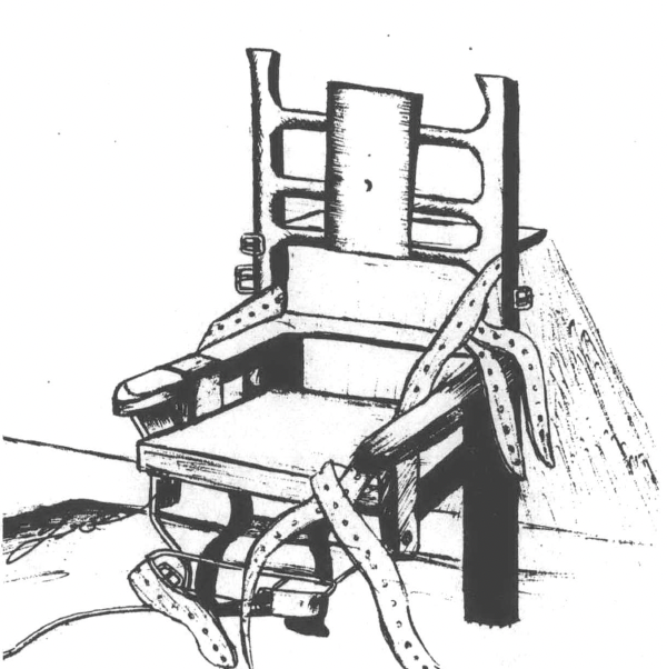 Black and white drawing of electric chair, empty with straps undone