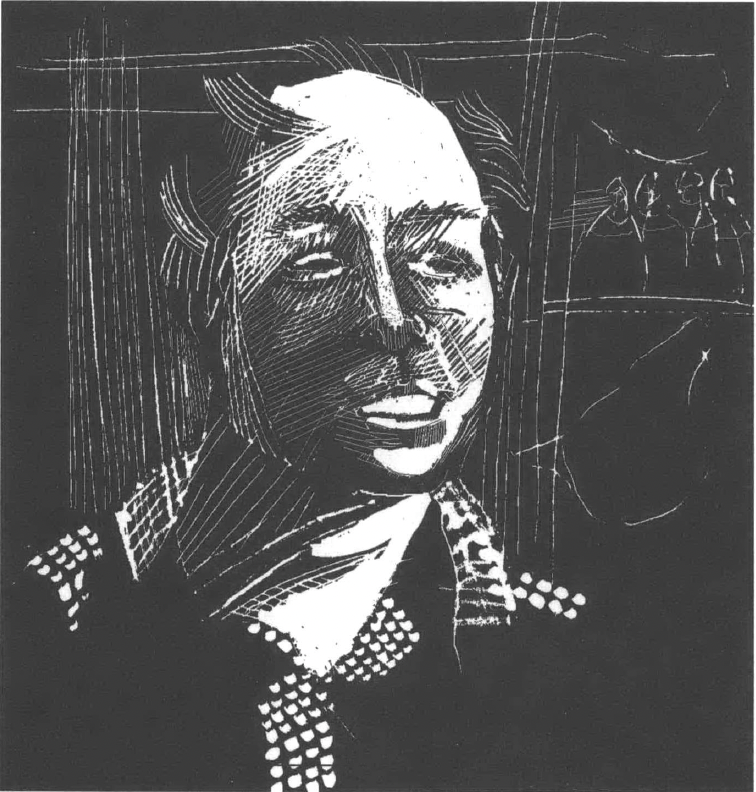 woodcut of smiling person in collared shirt
