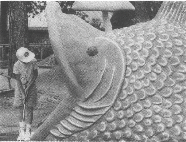 Photo of boy putting into the mouth of a large fish