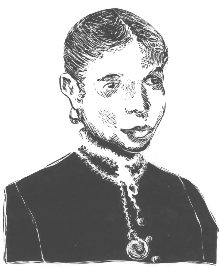 Black and white drawing of portrait of Black woman with hair back, wearing earrings and nice dress