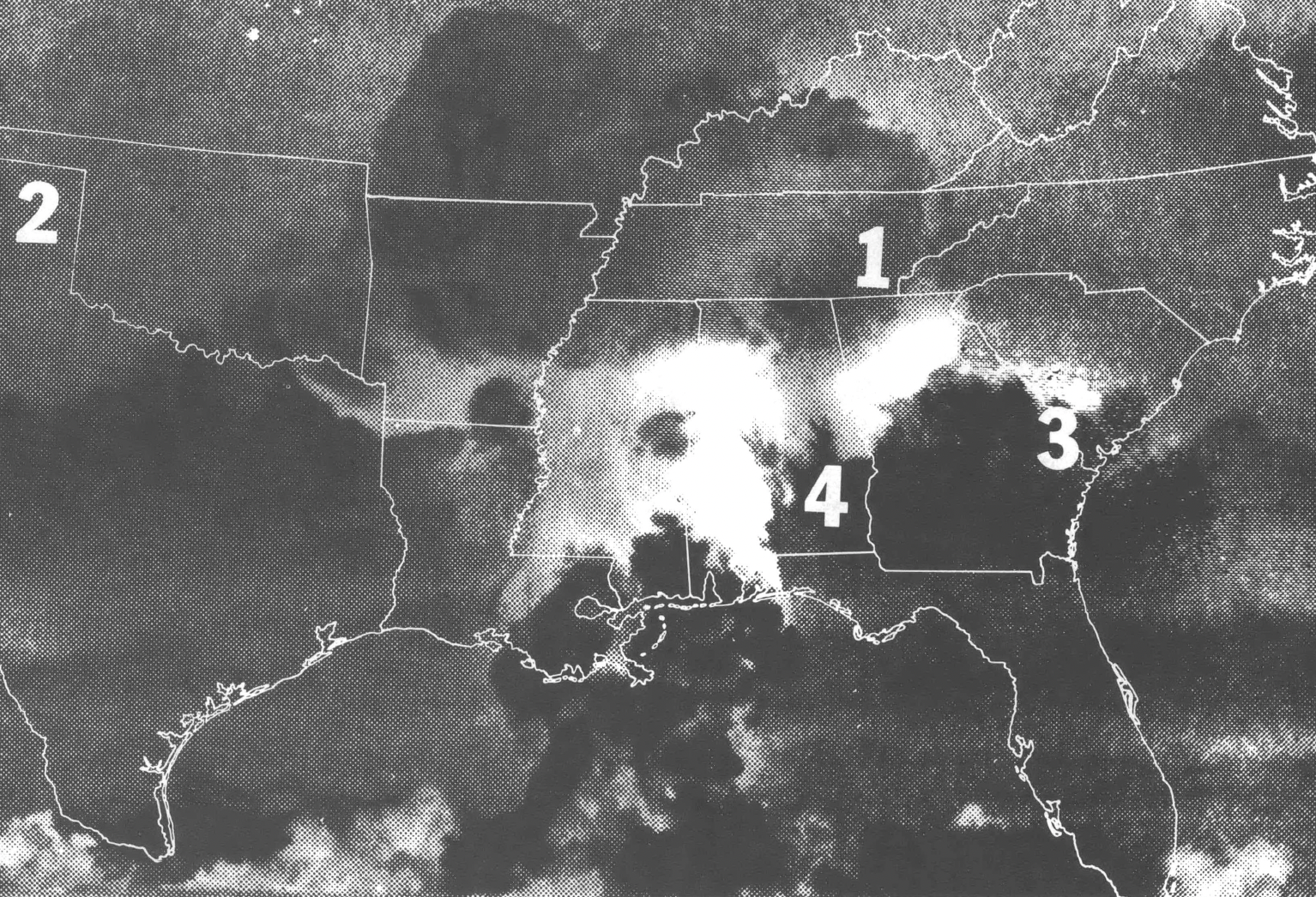 Black and white map of the Southern US overlaid on an image of a mushroom cloud