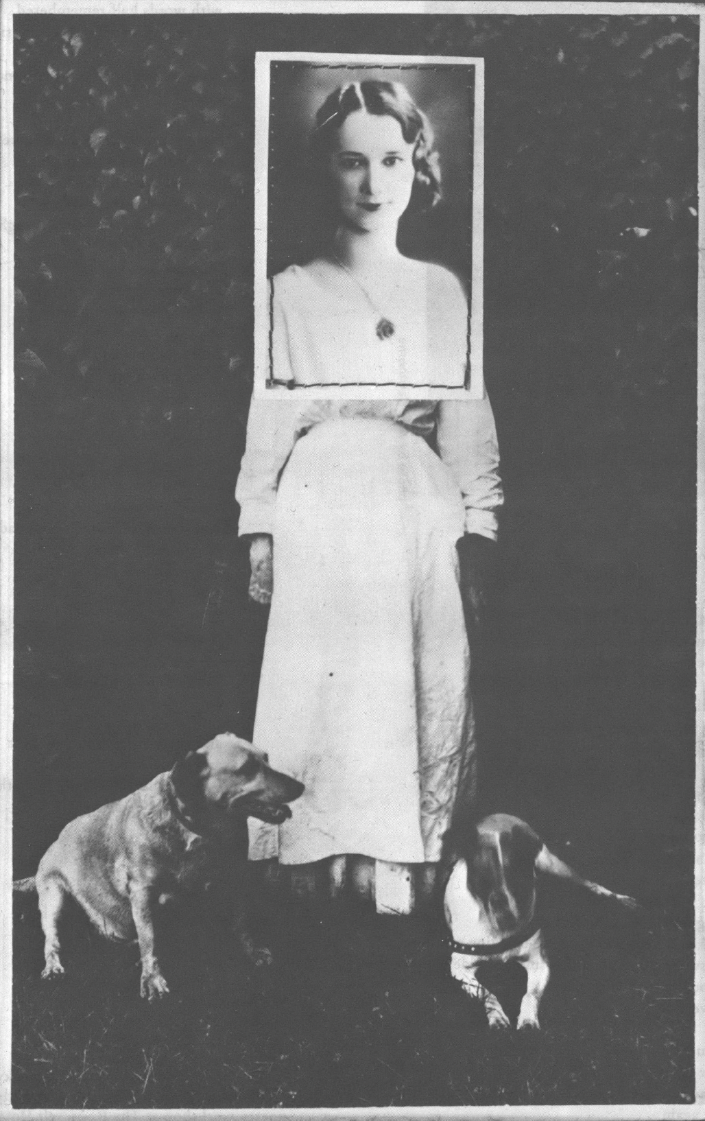 Black and white collage image of white woman in white dress with framed face, accompanied by dog, against a dark background