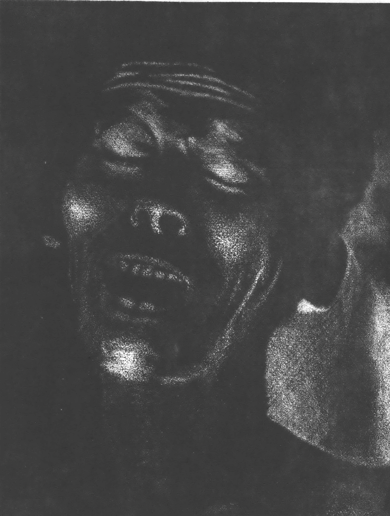 Black and white drawing of a Black woman, eyes closed, mouth open, possibly singing?