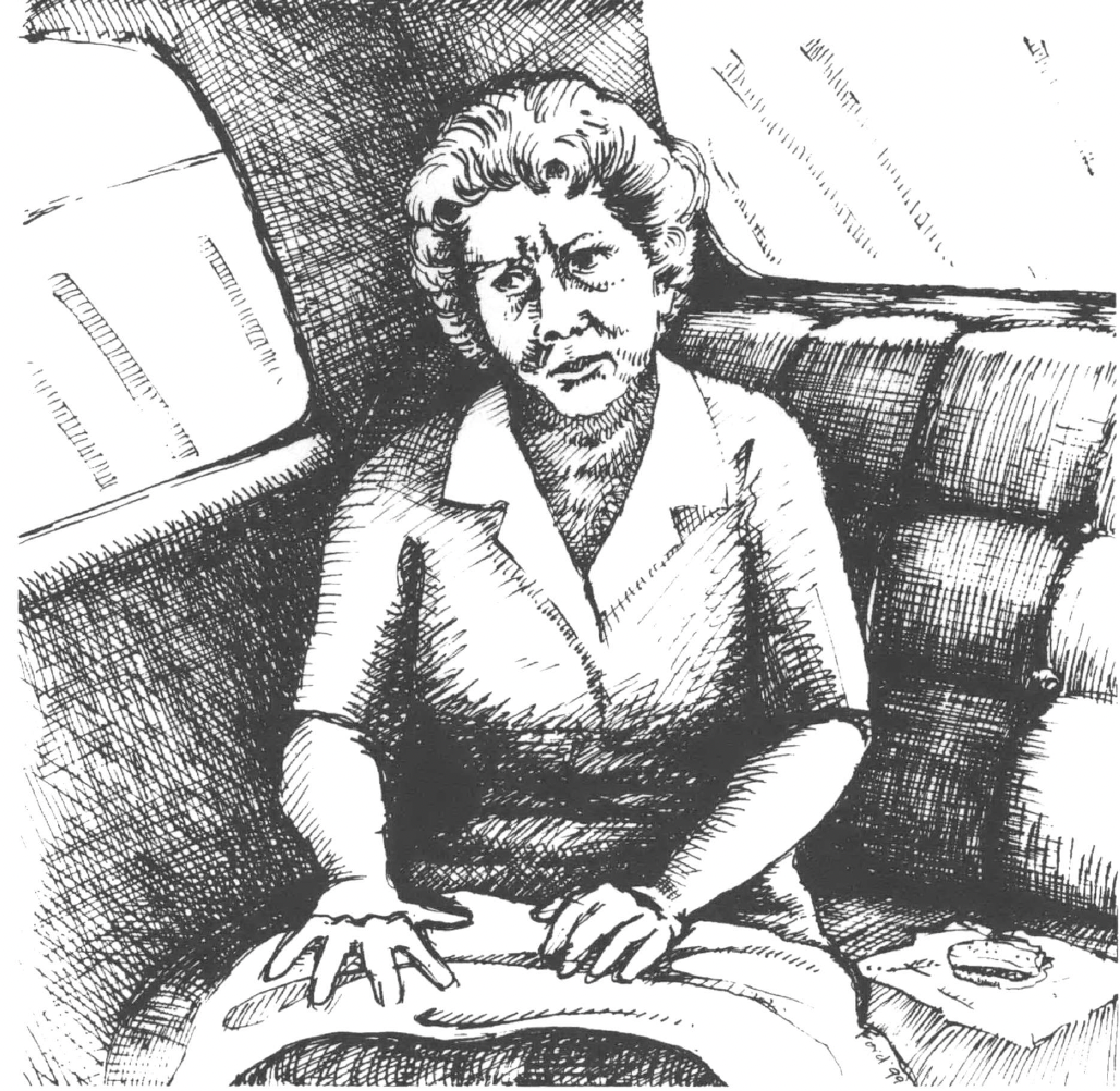 Drawing of worried-looking old woman sitting on a sofa by a window