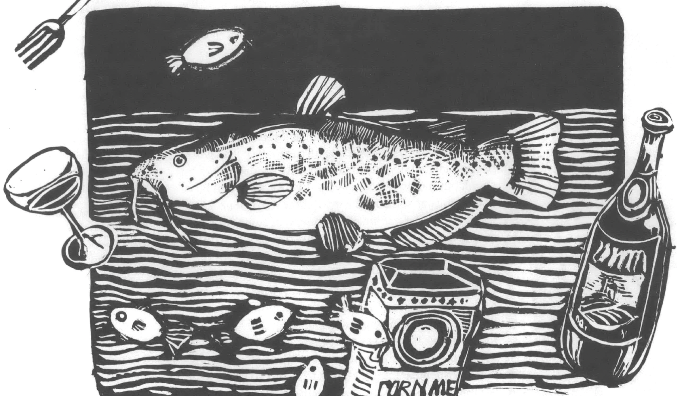 Illustration of large fish and other food and drink