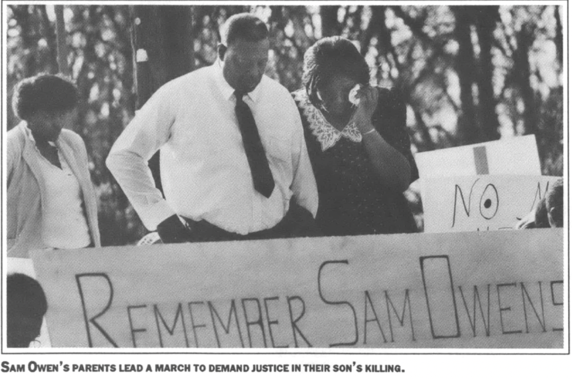 Sam Owens' parents lead a march to demand justice for their son's killing