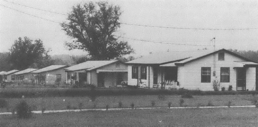 Black and white photo of one-story building